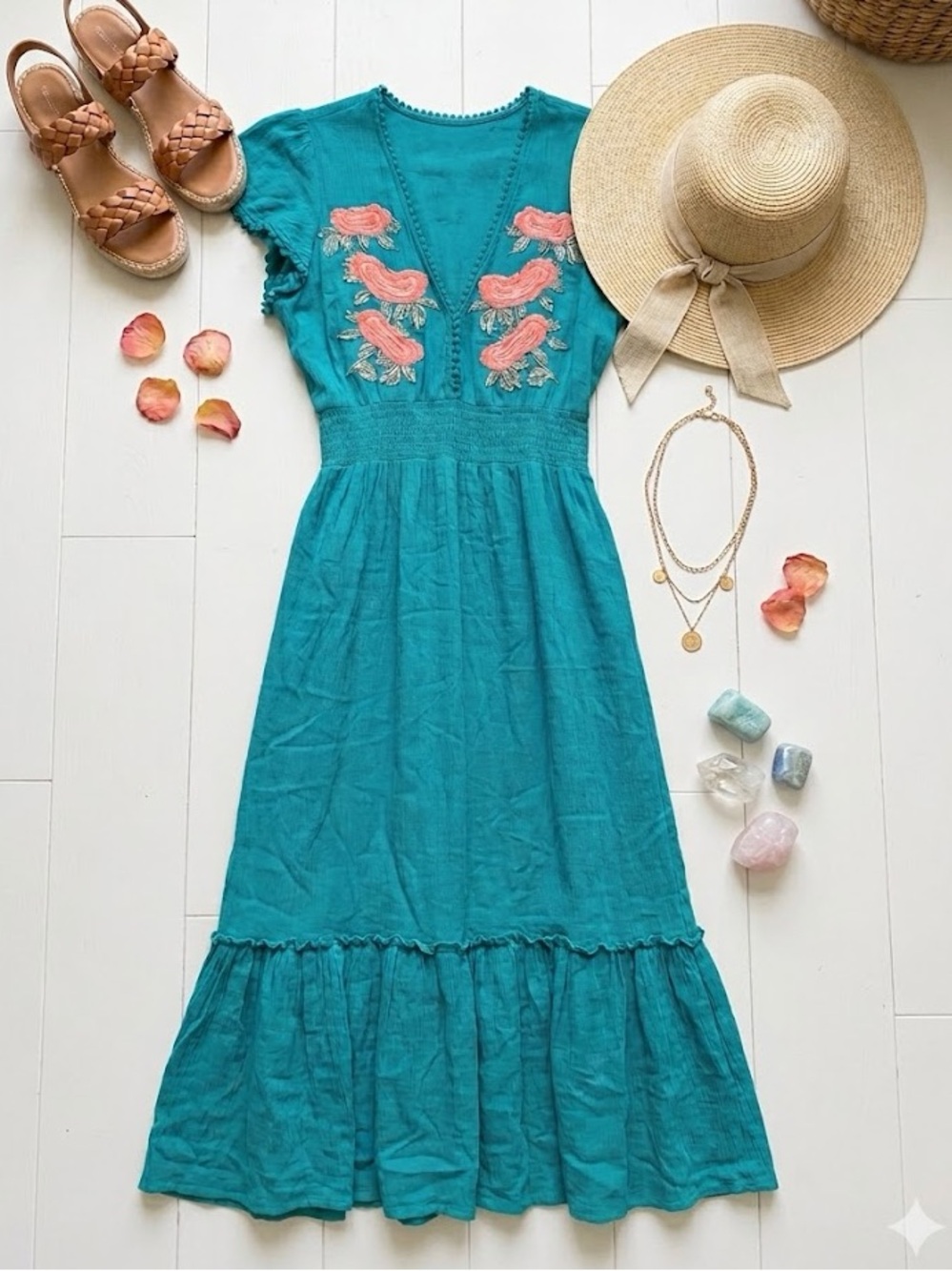 Cleobella Teal Midi Dress with Coral Pink Embroidery